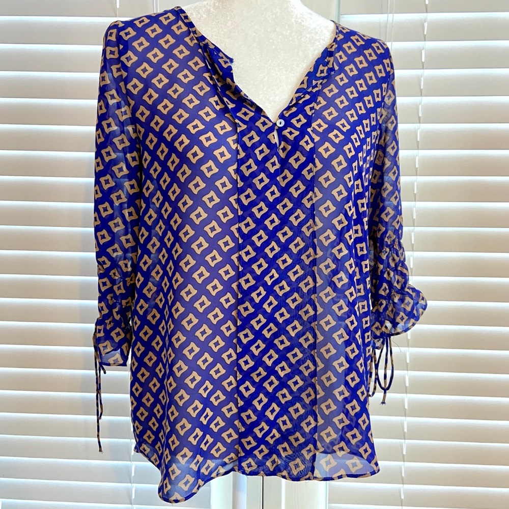 Umgee Medium Blue Blouse Shirt Tan Diamond Print